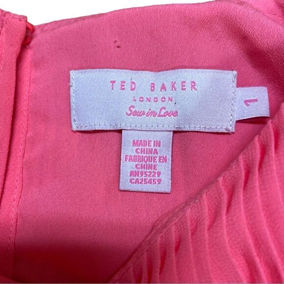 Ted Baker Women Gyda Blouse Sz 1 US 4 Neon Coral Pink Pleated Chiffon 3/4 Sleeve - Picture 9 of 16